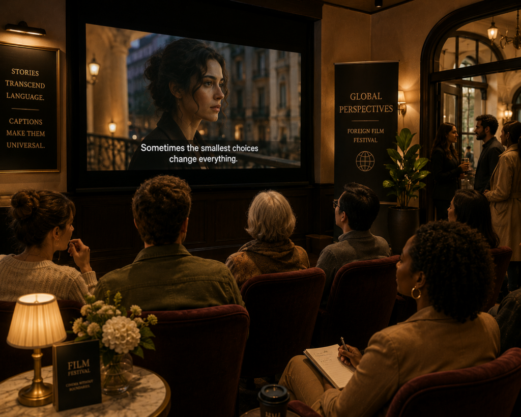 Audience watching a subtitled film at a screening, illustrating HMG’s commitment to making video content more accessible, engaging, and effective through clear captions.