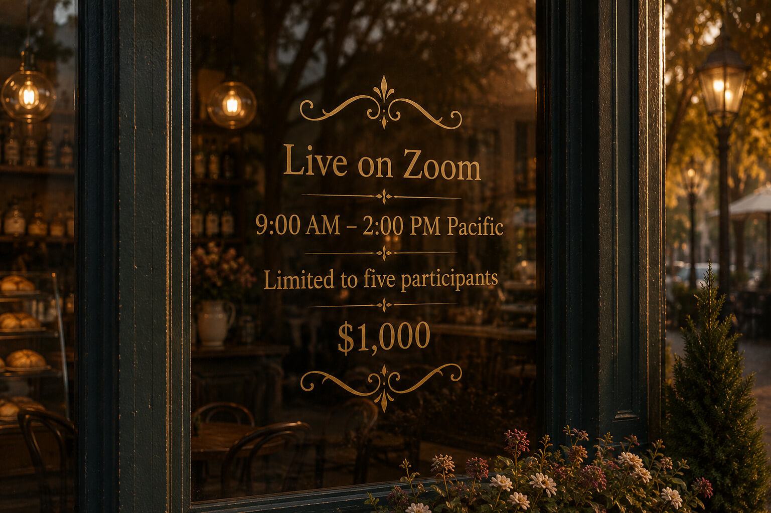 Storefront window displaying a live workshop announcement, highlighting opportunities to increase visibility in AI-powered search.