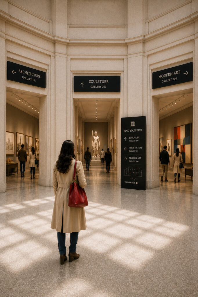 Visitor standing in a museum rotunda surrounded by galleries and exhibit entrances.