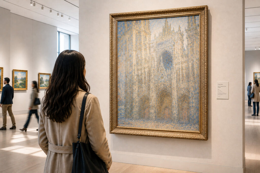 Museum visitor standing and observing a large framed painting in a gallery.