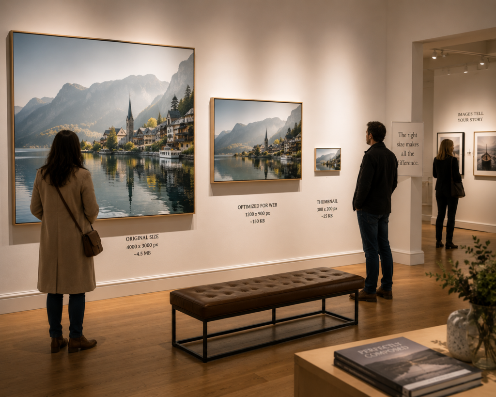 Visitors viewing the same landscape photograph displayed at different image sizes in an art gallery, illustrating the importance of optimizing images for quality and web performance.