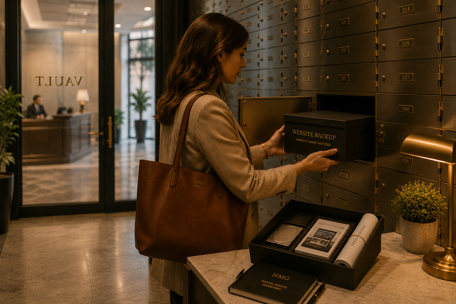 Person placing a website backup into a secure vault, illustrating HMG’s commitment to protecting critical digital assets through reliable backups and proactive security.