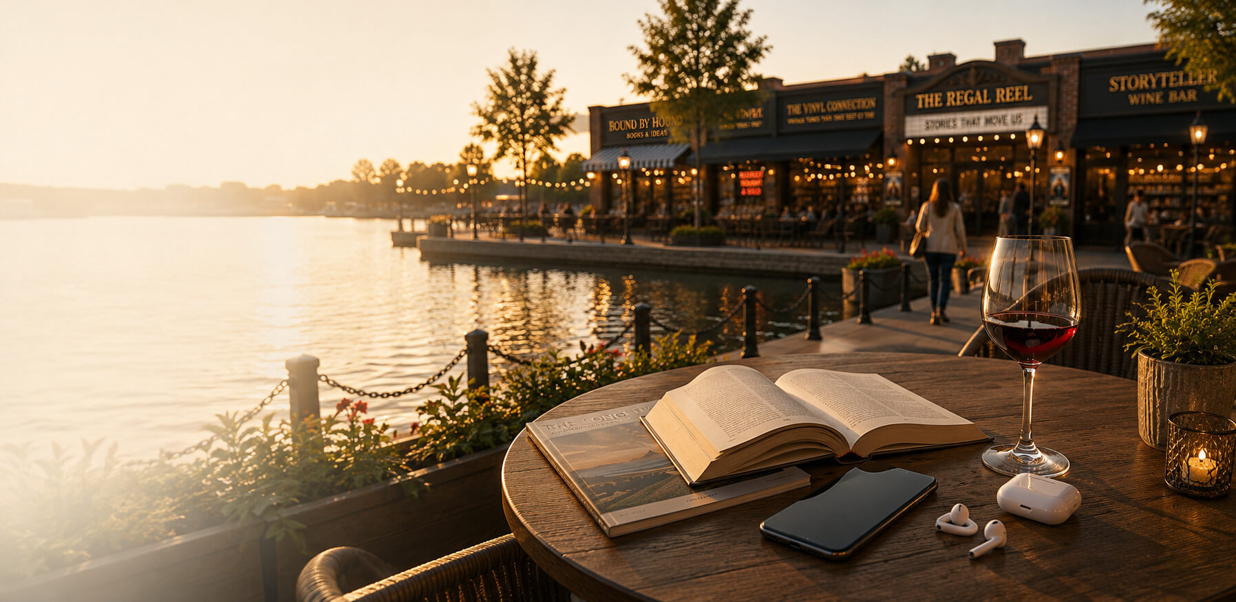 Open book, and wine on a waterfront café table overlooking a calm lake during sunset.