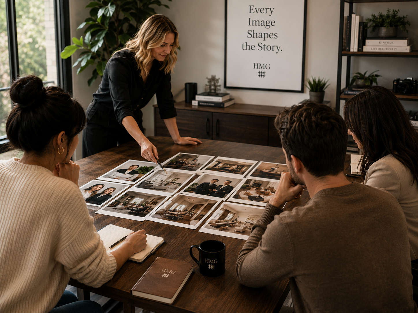 A creative team reviews a curated selection of photographs during a branding meeting, showing how HMG helps businesses choose website images that visually communicate their story and strengthen their brand identity.