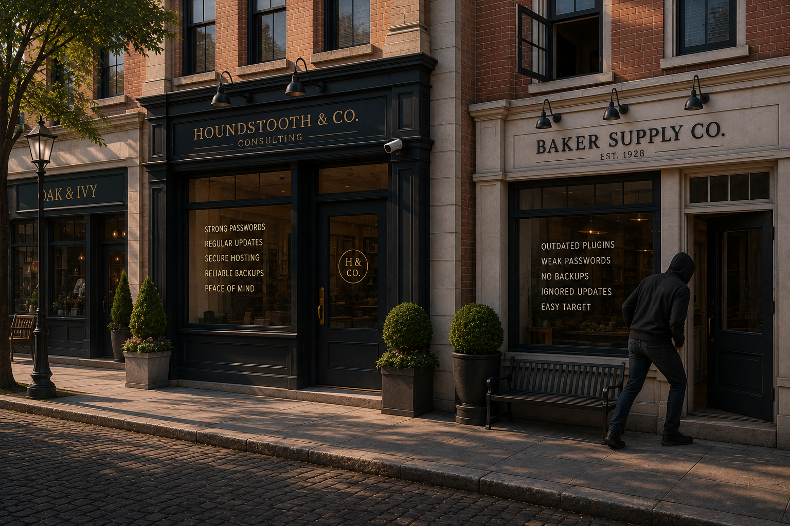 Storefronts contrasting strong website security with poor security practices, illustrating how HMG helps businesses protect their websites from digital threats through proactive maintenance and best practices.