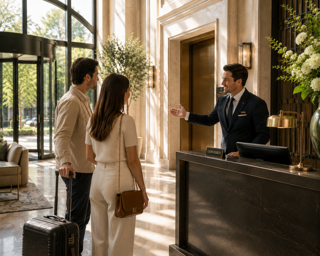 Hotel concierge warmly welcoming arriving guests, illustrating HMG’s commitment to creating exceptional first impressions and delivering outstanding client experiences.