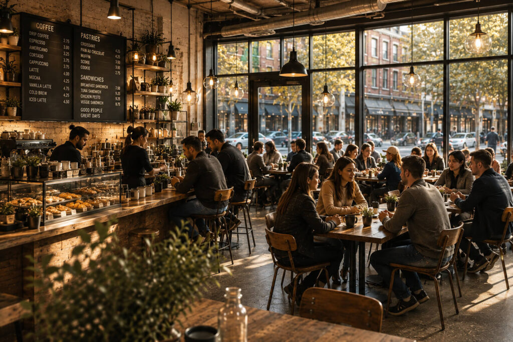 busy coffee shop in city setting