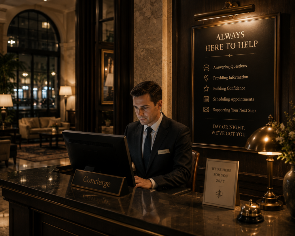 Hotel concierge assisting a guest at the front desk, with signage highlighting 24/7 customer support, information, scheduling, and personalized service in an elegant lobby.