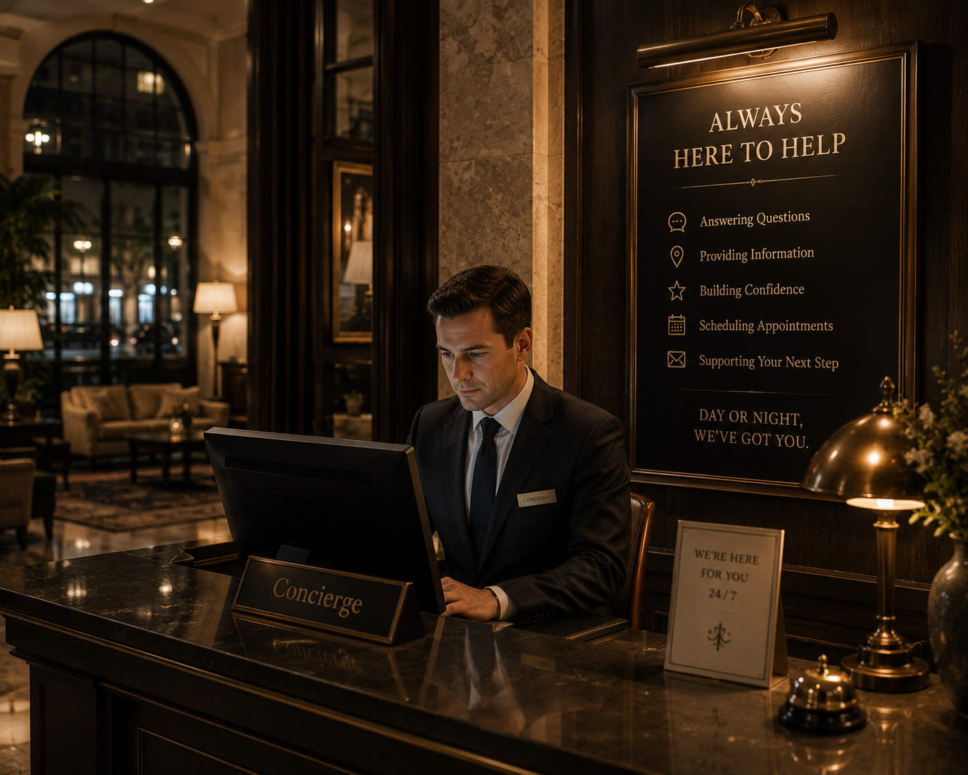 Hotel concierge assisting a guest at the front desk, with signage highlighting 24/7 customer support, information, scheduling, and personalized service in an elegant lobby.