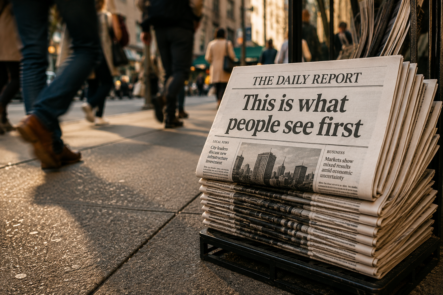 Stack of newspapers on a busy city sidewalk with the headline "This is what people see first," illustrating the importance of first impressions and brand visibility.