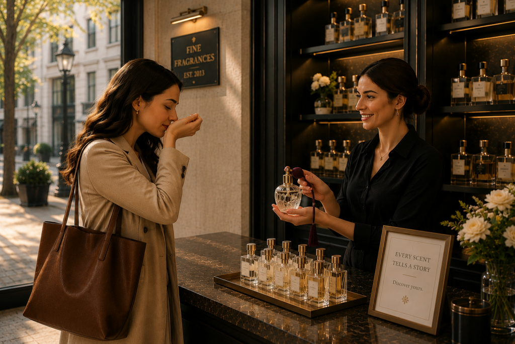 Customer sampling a fragrance with guidance from a shop owner, illustrating HMG’s personalized approach to helping clients discover the right brand experience.