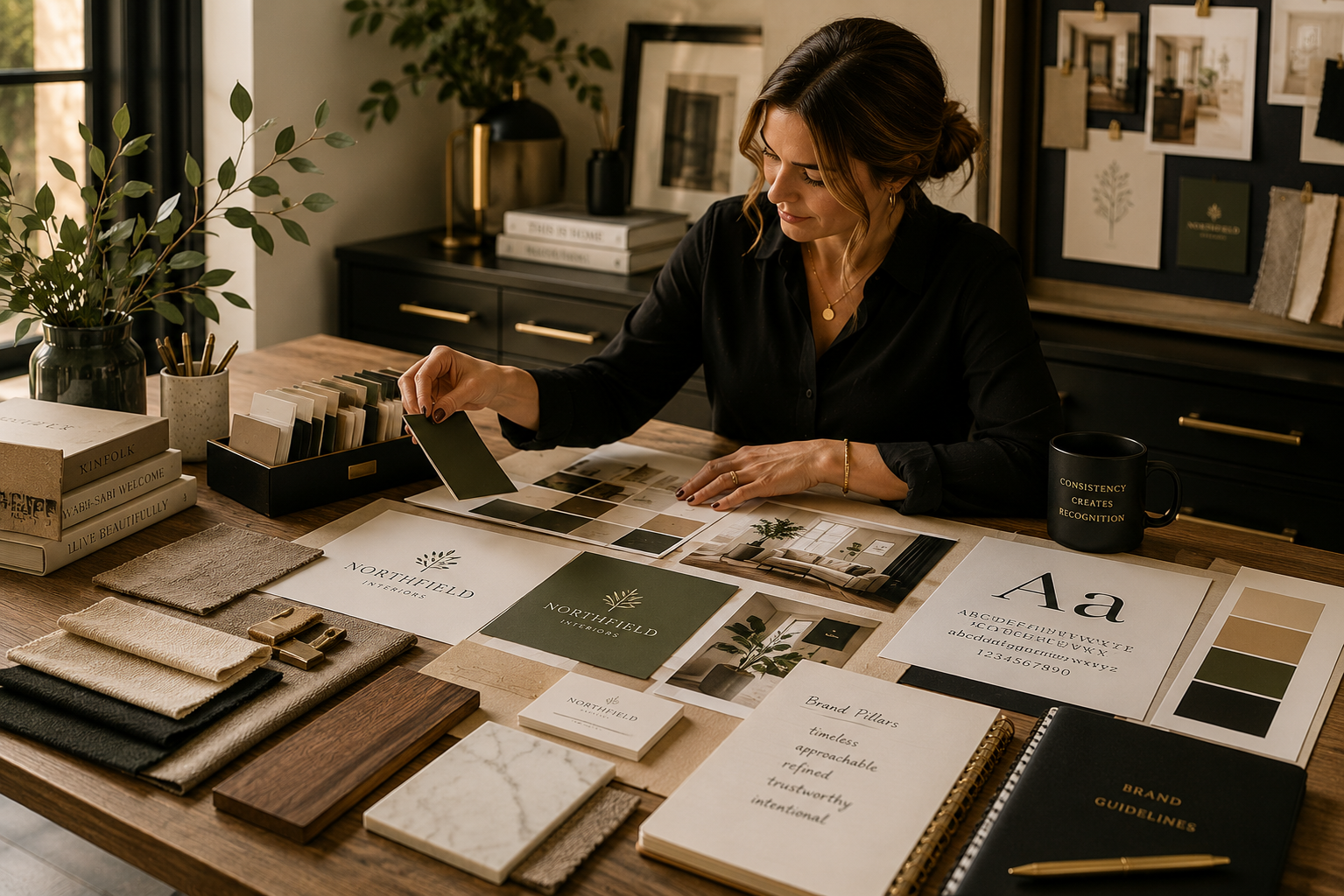 Designer reviewing brand colors, materials, and typography on a mood board, illustrating HMG’s strategic approach to building a cohesive visual identity.