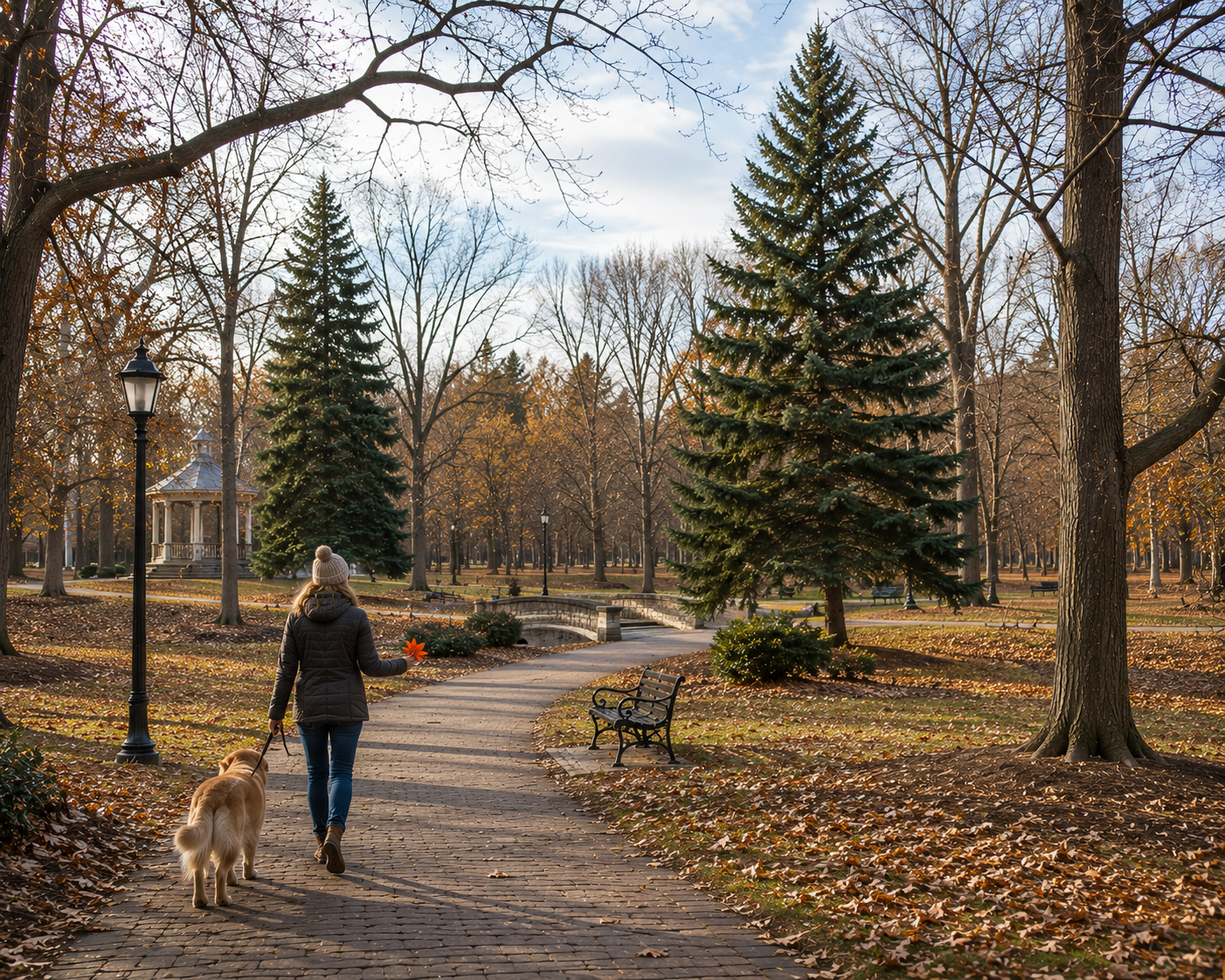 Person walking a dog through a peaceful park in autumn, reflecting the value of slowing down to enjoy meaningful moments and everyday experiences.