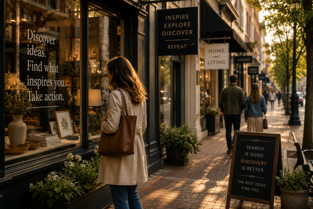 Person browsing a storefront with inspirational messaging that highlights discovery, creativity, and finding ideas that inspire action.