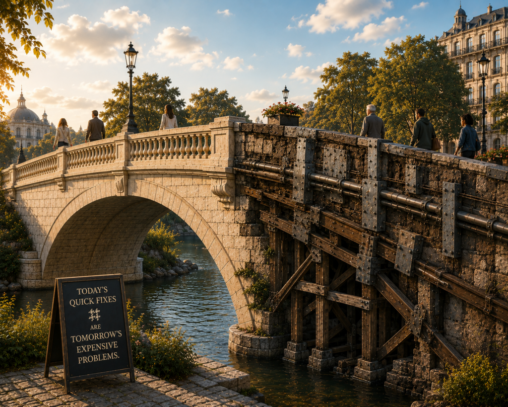 A sturdy stone bridge stands beside a makeshift structure reinforced with temporary repairs, illustrating how technical debt and quick fixes can weaken a website over time while HMG advocates for strong, lasting foundations.