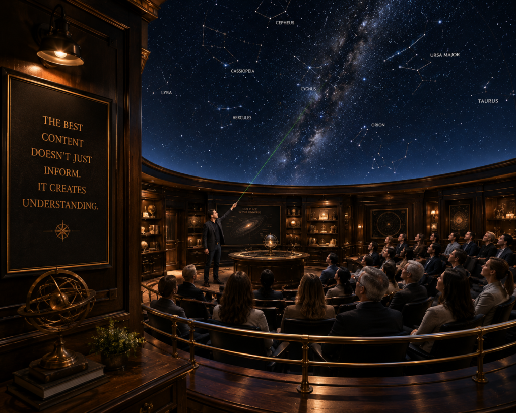 An audience watches a presenter explain the night sky inside a planetarium, illustrating how HMG creates blog content that educates, provides clarity, and helps readers understand complex topics.