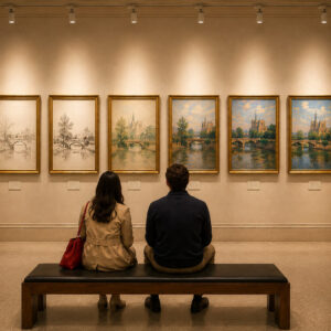 Two people sitting in a museum looking at a series of paintings that incrementally get more detailed.