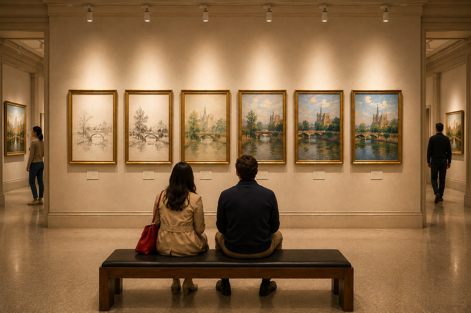Two people sitting in a museum looking at a series of paintings that incrementally get more detailed.