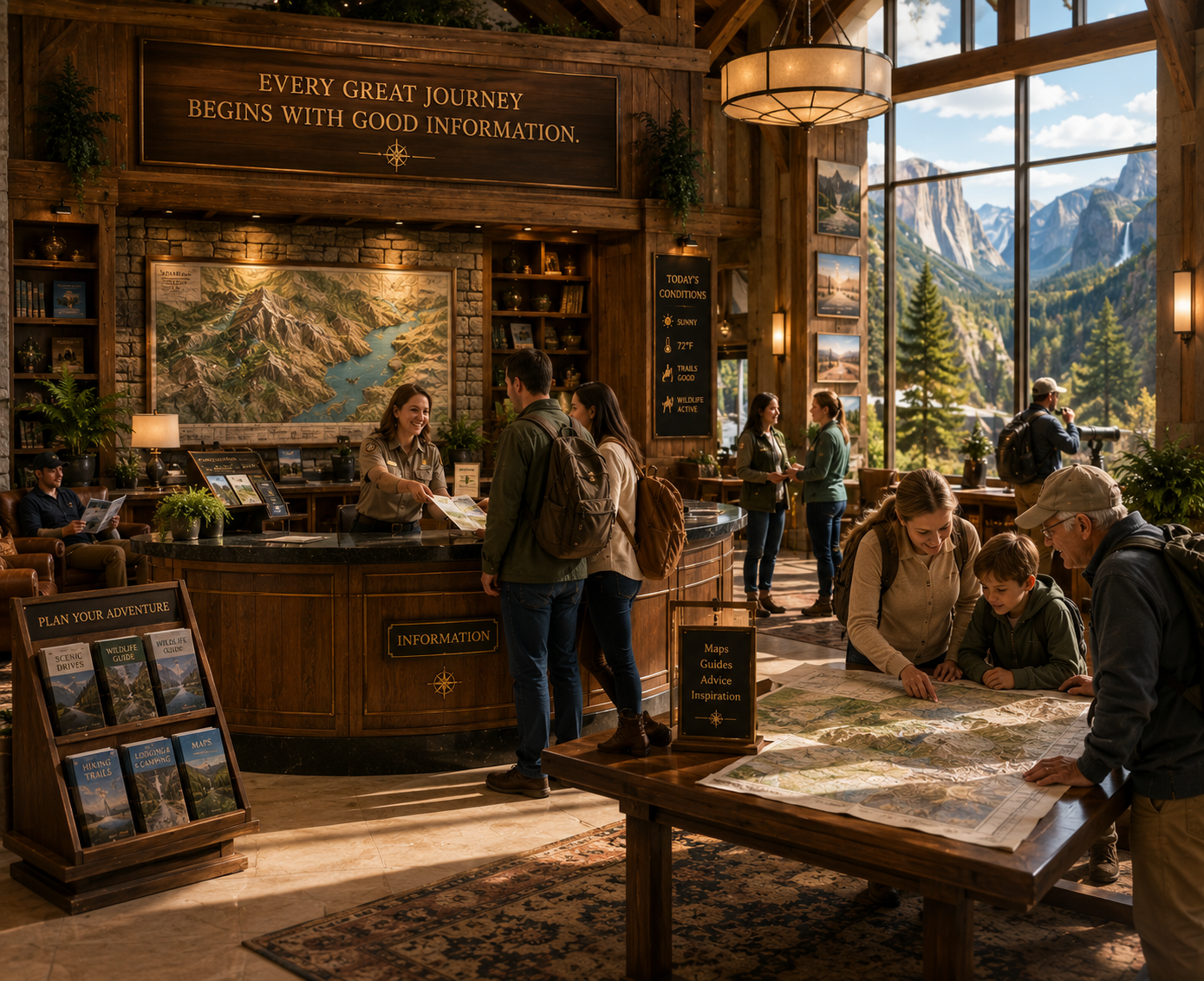 Visitors gather at a national park information center to receive maps, guides, and expert advice, illustrating how HMG uses blogging to provide valuable information that helps audiences make informed decisions and builds trust.