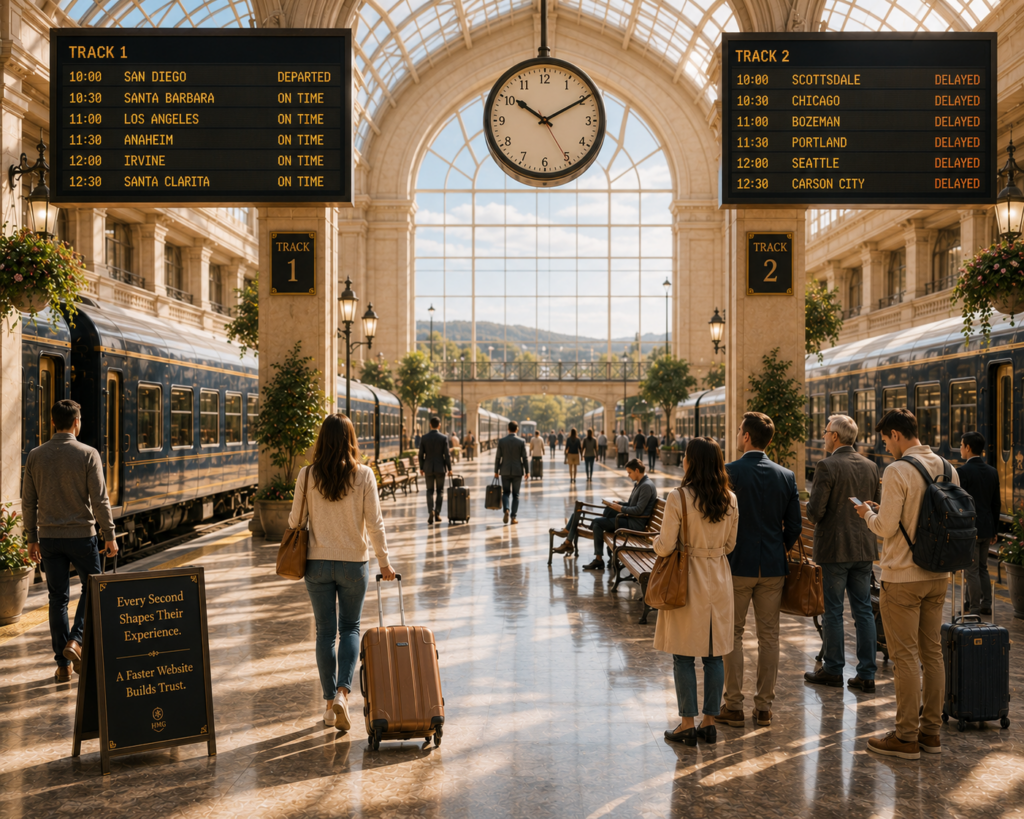 Travelers navigating a busy train station with on-time and delayed departures, illustrating HMG’s belief that a fast website creates smoother user experiences and builds customer trust.
