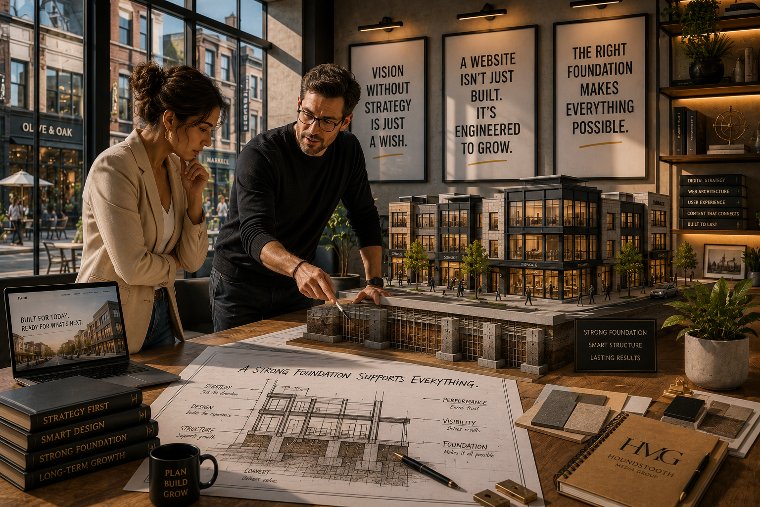 Two professionals reviewing architectural plans and a building model, illustrating HMG’s strategic approach to creating strong marketing foundations that support long-term business growth.