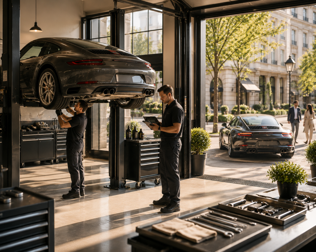 Technicians servicing a vehicle in a professional workshop, illustrating HMG’s proactive approach to ongoing website maintenance, performance monitoring, and long-term reliability.