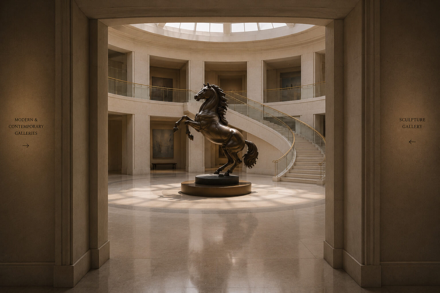 Large sculpture displayed in the center of a circular museum hall beneath a skylight.
