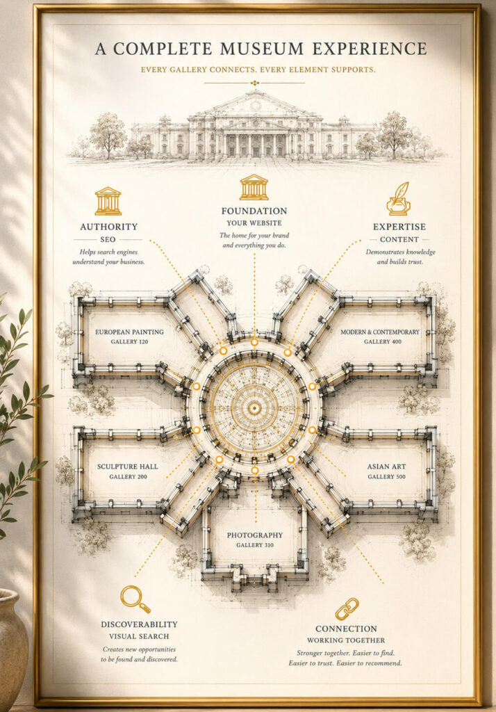 Vertical museum guide infographic showing exhibit locations and visitor information.