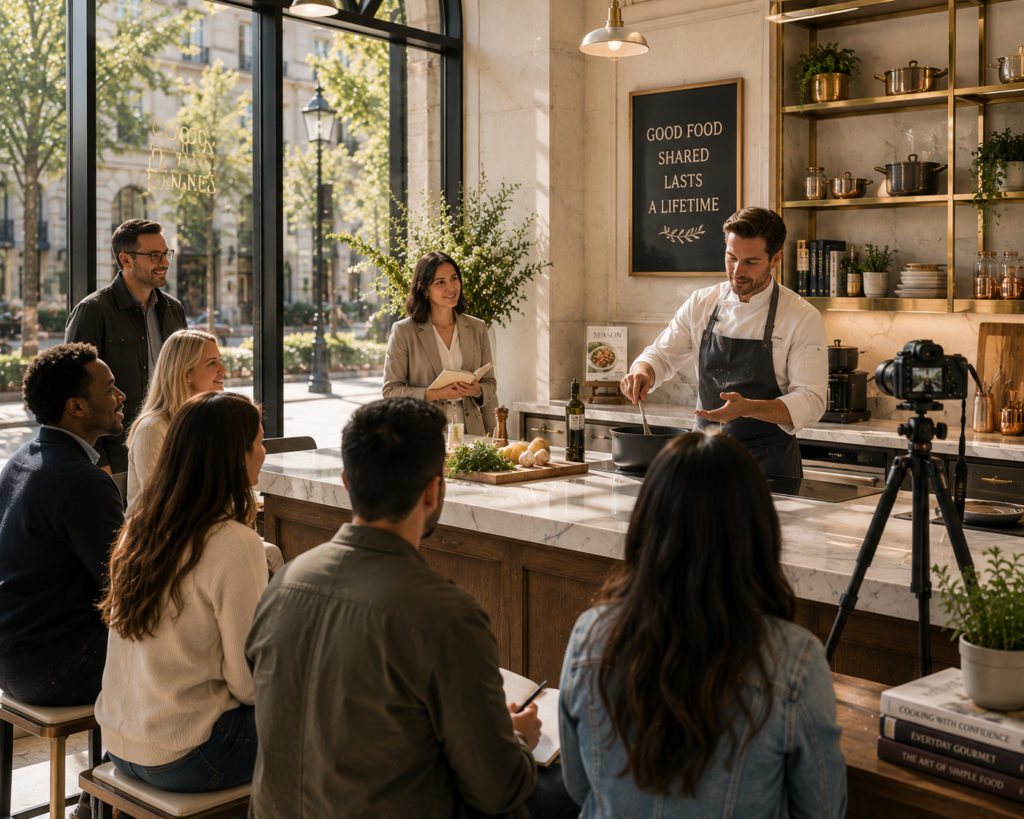 Chef leading a live cooking demonstration for an engaged audience, illustrating HMG’s collaborative approach to educating clients and sharing practical expertise.