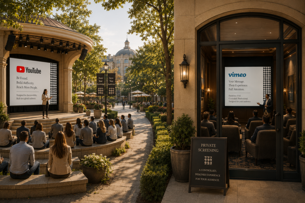 An outdoor YouTube presentation beside an exclusive Vimeo screening illustrates HMG’s comparison of YouTube’s broad reach and discoverability with Vimeo’s polished, controlled viewing experience for business content.