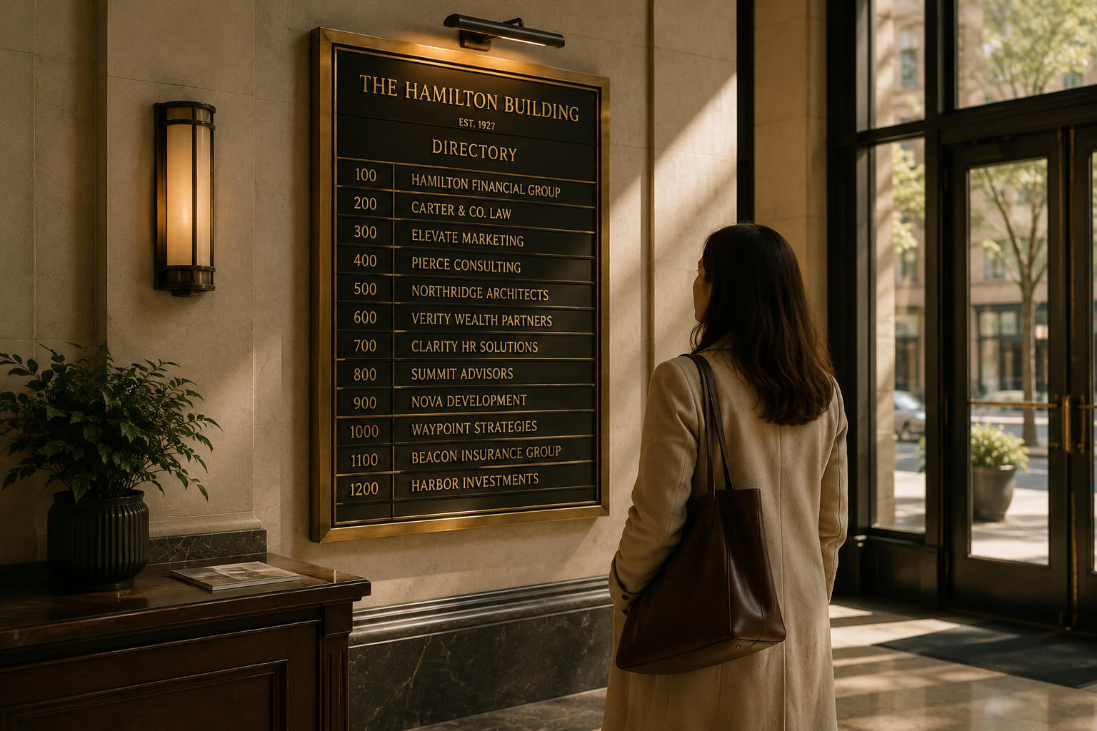 woman looking at building directory