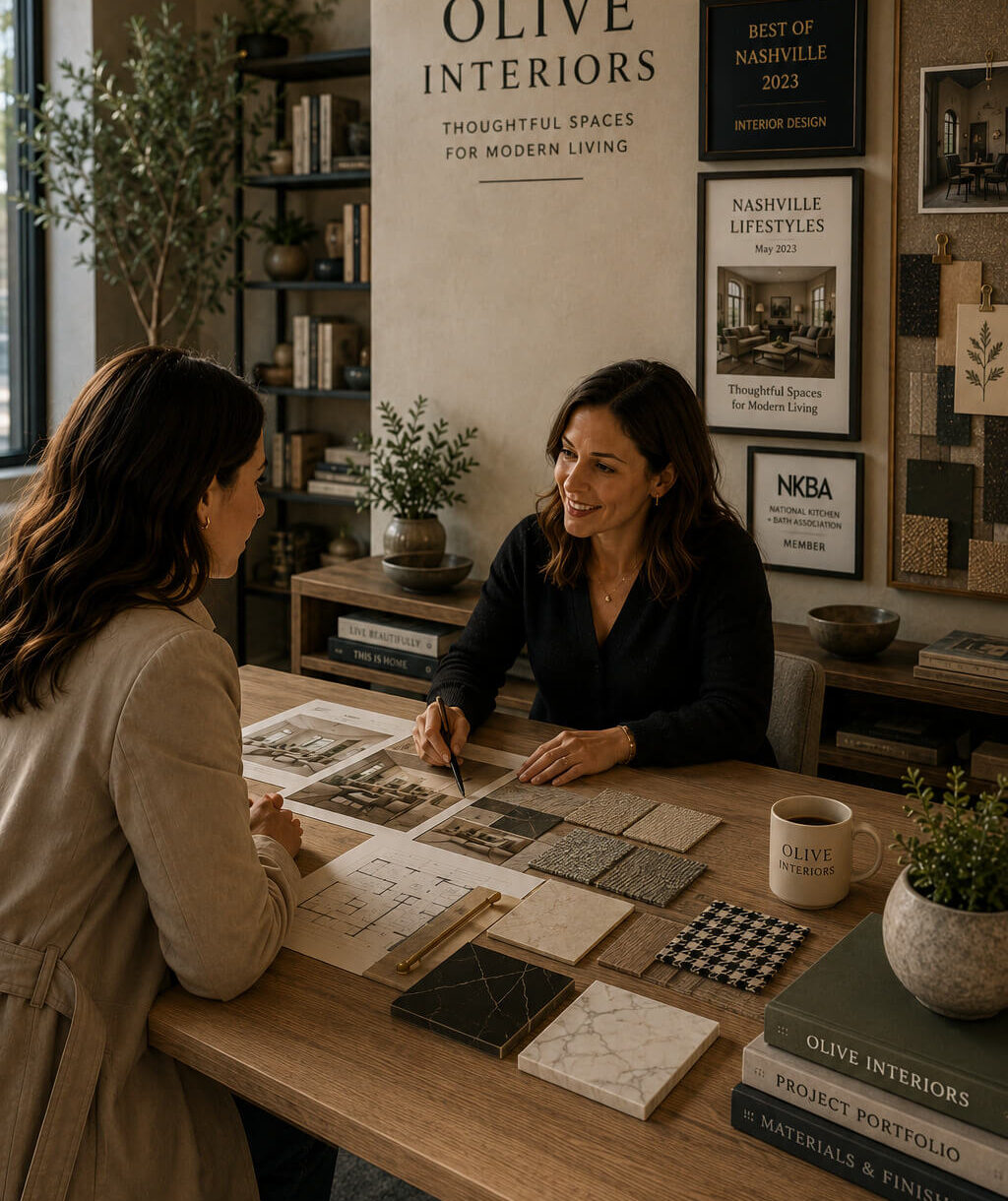 designer works with woman in design studio