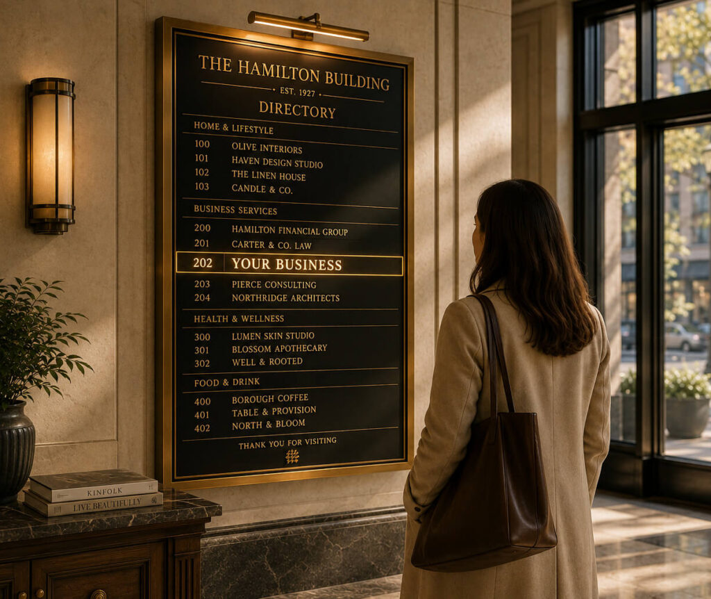 woman looking at building directory