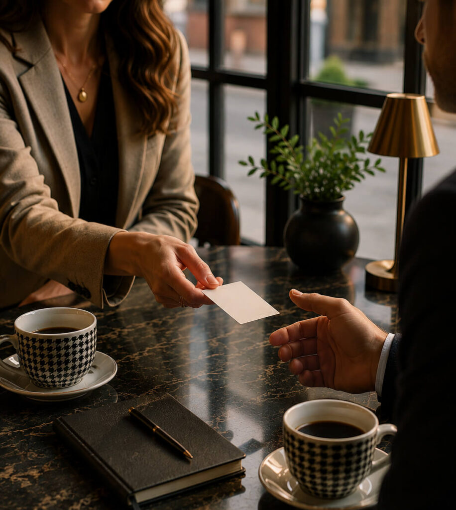 woman handing over business card to colleague