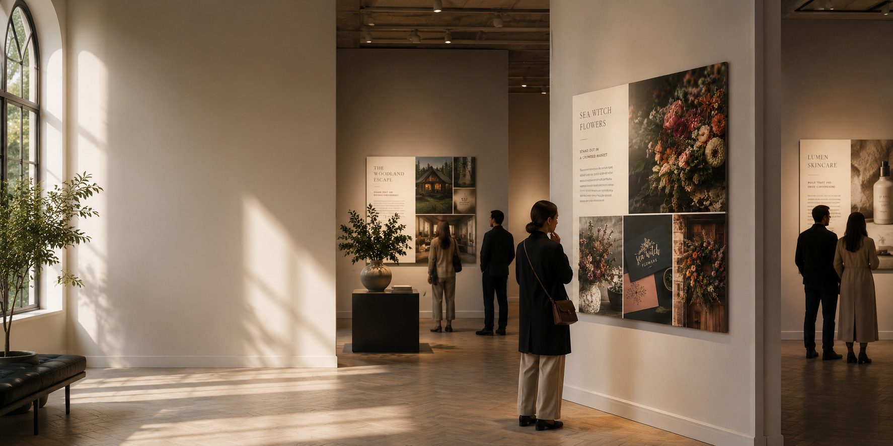 Visitors viewing artwork in a bright, contemporary art gallery with spacious interiors and natural light streaming through large windows.